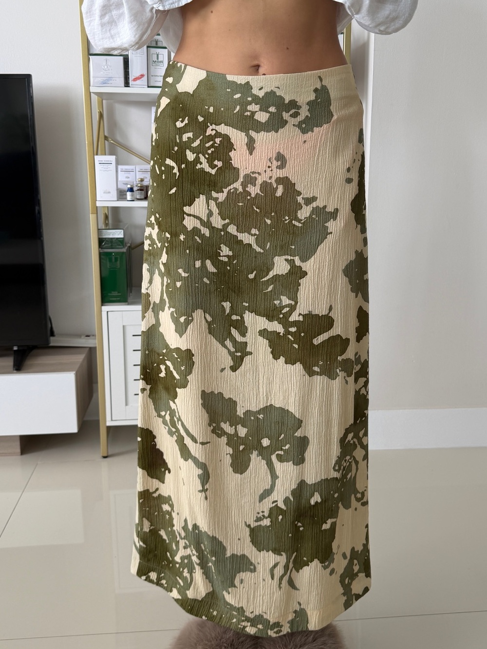 Philosophy Beige Maxi Skirt with Olive Green Print